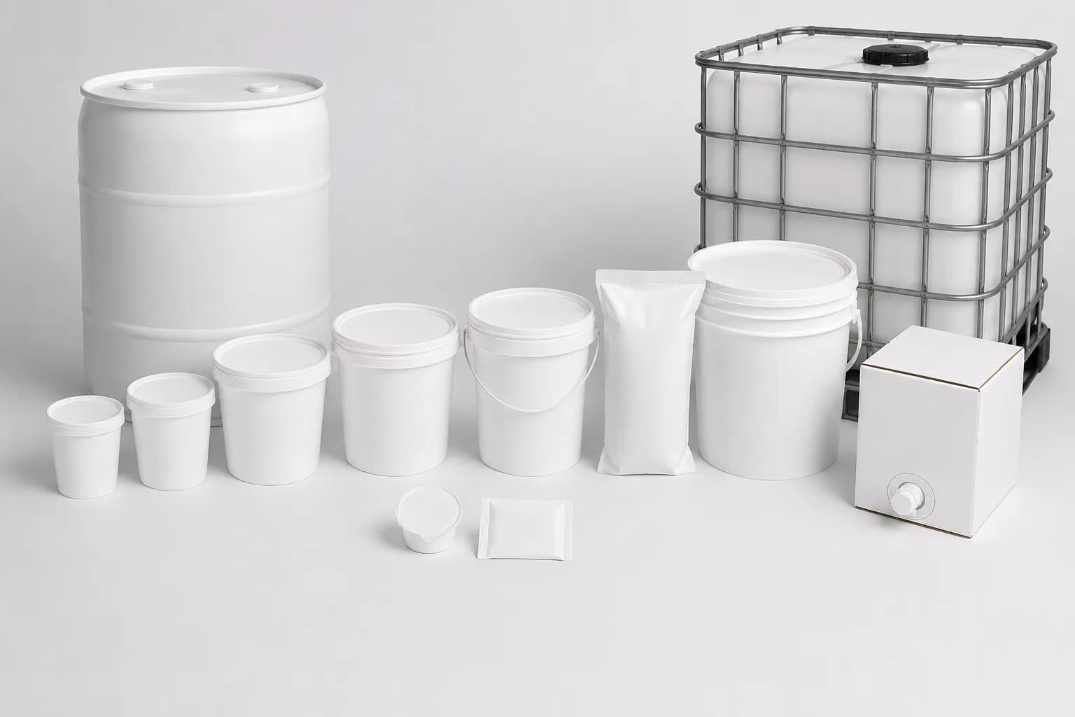 A full range of white food-grade packaging from single-serve cups and pouches to pails, drums, bag-in-box, and an IBC tote